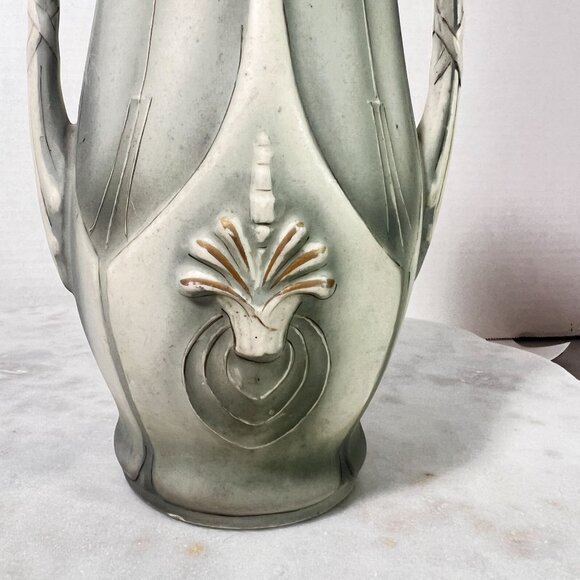 Art Nouveau Ceramic Bud Vase Green Gray 1900 Twin Handles 10" X 5" - Picture 9 of 10